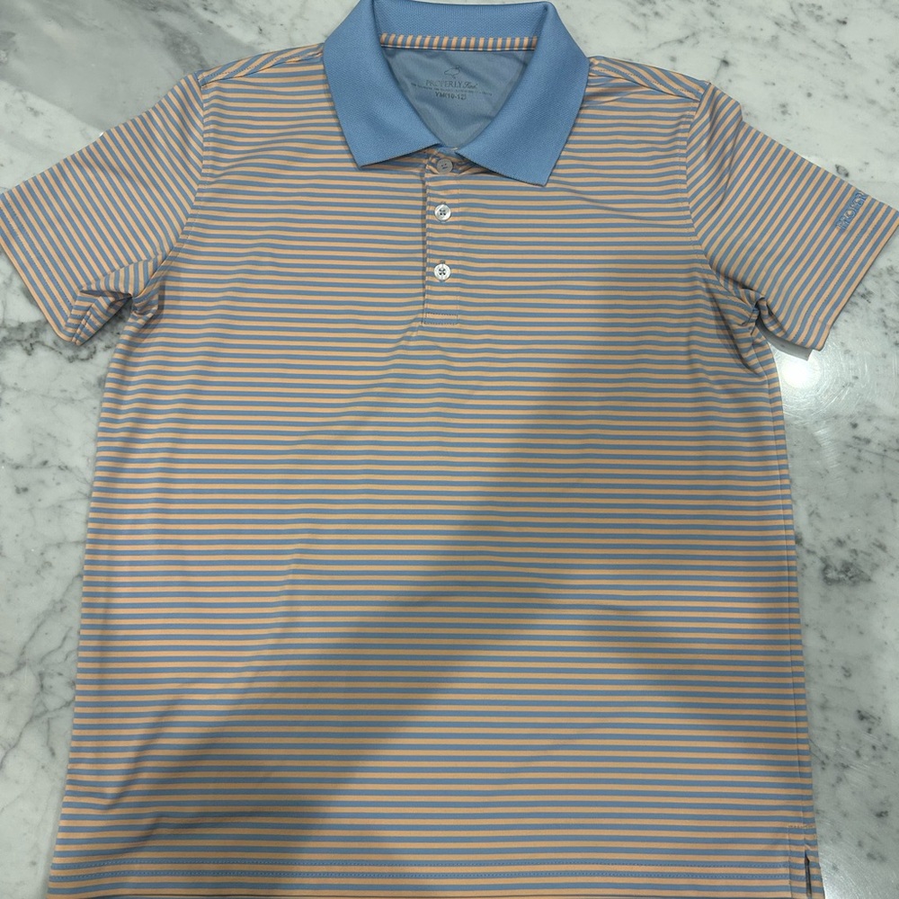 Boys medium Performance Polo - Light Blue & Peach Striped